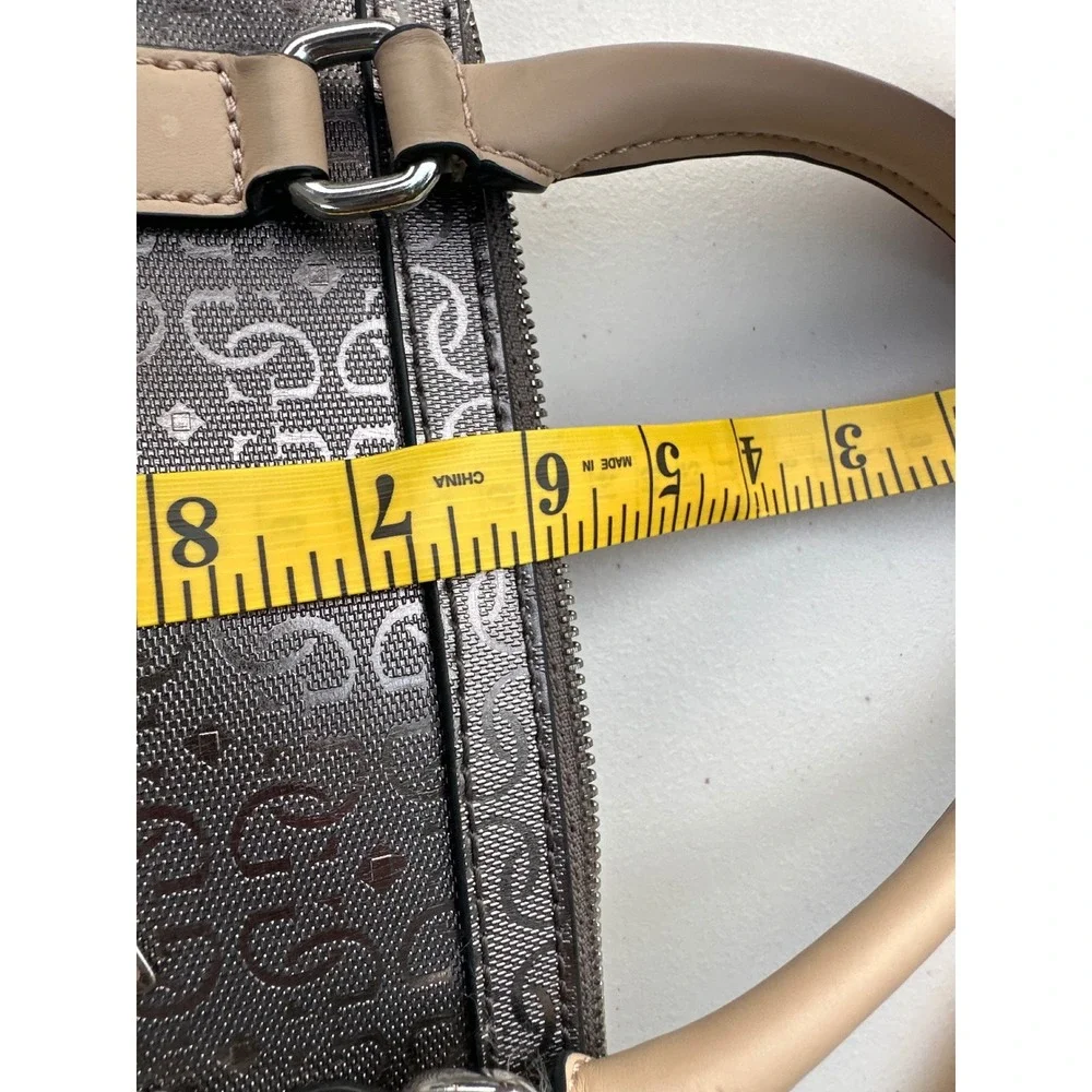 Guess Satchel Handbag Metallic Pewter Logo Embossed Tan Handles Leopard Lining